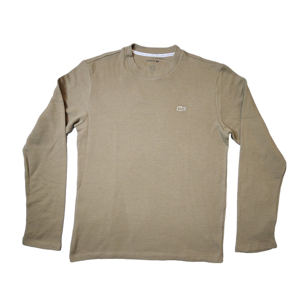Lacoste Sleepwear Men's Mocha Brown Waffle Knit Thermal Long Sleeve Lounge Shirt